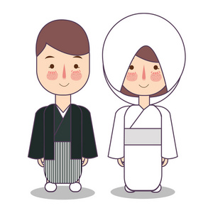 日本婚礼夫妇, 可爱的日本传统服装新娘和新郎卡通矢量插图
