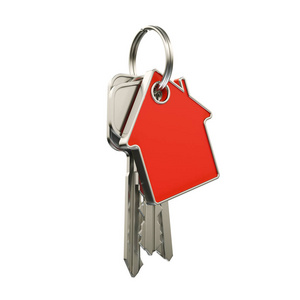 房子钥匙与钥匙链的形状，房子隔离在白色背景。 三维插图。