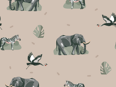 手绘向量抽象现代图形非洲野生动物园自然装饰性例证艺术拼贴无缝的样式与斑马, 大象动物和热带叶子查出在柔和的背景