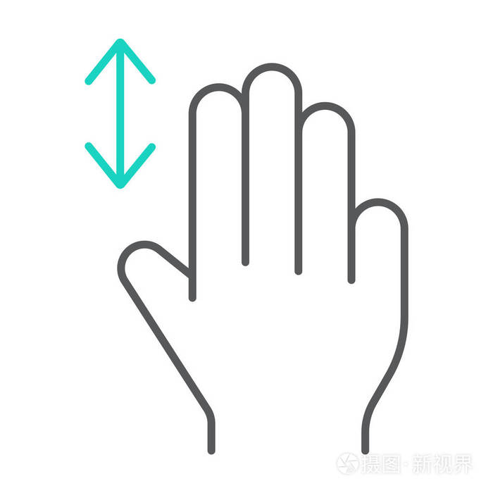 三根手指垂直滚动细线图标, 手势和手, 轻触符号, 矢量图形, 在白色