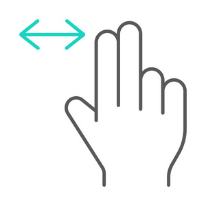 两个手指水平滚动细线图标, 手势和手, 按符号, 矢量图形, 在白色背景上的线性图案