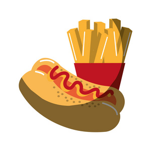 美味的热狗，美味的薯条，法式矢量插图