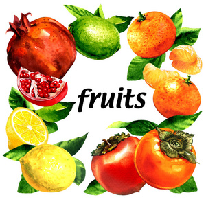 一套有机新鲜水果, 柠檬, 柑橘, 石榴, 石灰, 子, 生态食品, 框架与文字, 创造性布局, 健康的生活方式, 素食的概念