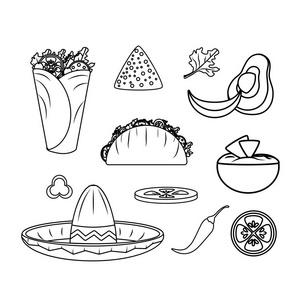 墨西哥食品小吃玉米饼和玉米饼和菜单主题矢量插图