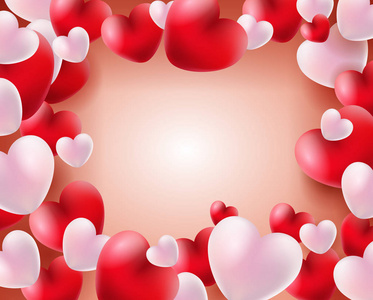 情人节背景与红白气球3D心脏概念。 爱的旗帜和贺卡