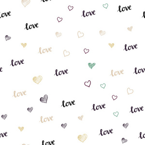 浅色多色矢量无缝图案与短语爱你的心。 浪漫的插图与五颜六色的短语爱你的心。 壁纸面料制造商的设计。