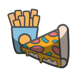 美味的比萨饼和薯条，法式食物矢量插图