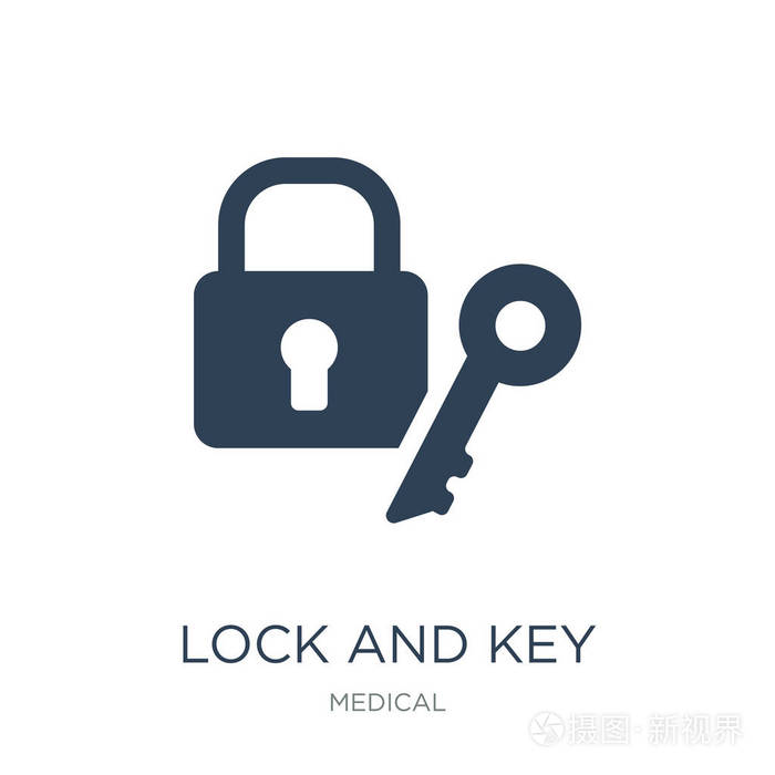 白色背景锁上的锁和钥匙图标向量,以及医疗收藏中的关键时尚填充图标