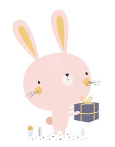 可爱的兔子与礼物隔离白色背景与花印为任何设计，快乐复活节兔子矢量插图，有趣的兔子卡通人物贺卡