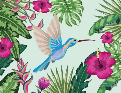 带热带花卉和植物背景矢量插图的蜂鸟