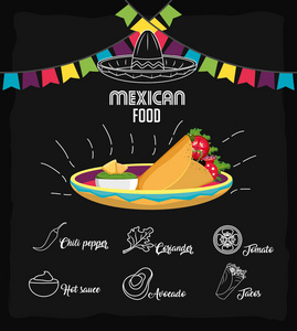 墨西哥食品小吃玉米煎饼和菜单主题矢量插图