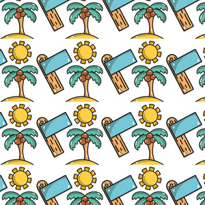 棕榈椰子和太阳与冲浪板背景矢量插图