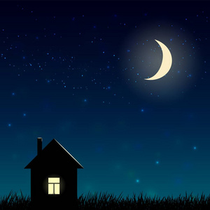 矢量背景。 有星星和月亮的房子和夜空