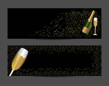 设置瓶子和玻璃香槟庆祝矢量插图
