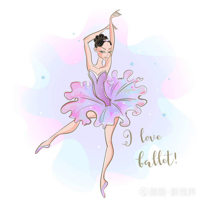 芭蕾舞演员穿着粉红色的芭蕾舞裙. 我喜欢芭蕾. 铭文