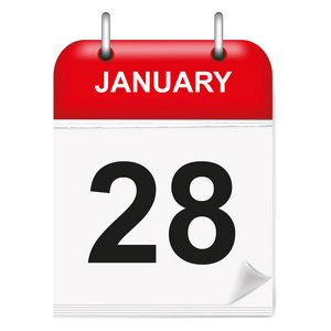 每日单叶日历，红色脊柱，3D，一月，第二十八，28，28。矢量，插图