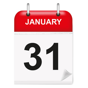 每日单叶日历，红色脊柱，3D，一月，第三十一，31，31。矢量，插图