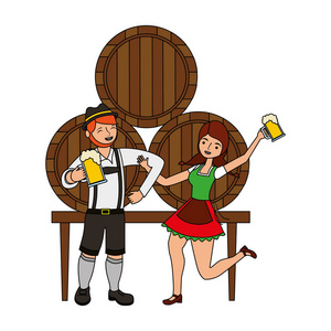 巴伐利亚男人和女人与啤酒桶