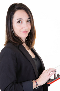 微笑的女人使用平板电脑电子书阅读器商务套装白色背景