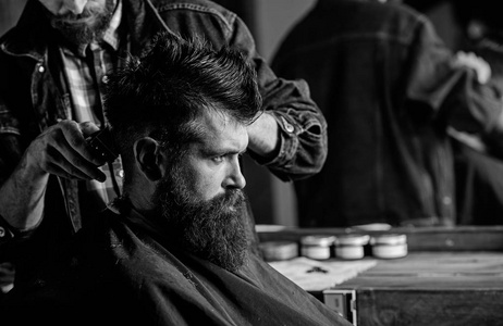 时髦的客户得到理发。理发师发型的胡子客户与梳子和剪刀。理发师与理发剪工作在发型为人与胡子, 理发店背景。理发概念