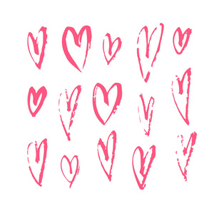 手绘油漆无缝图案。 粉红色和白色的心脏背景。 抽象画笔绘图。 矢量艺术插图