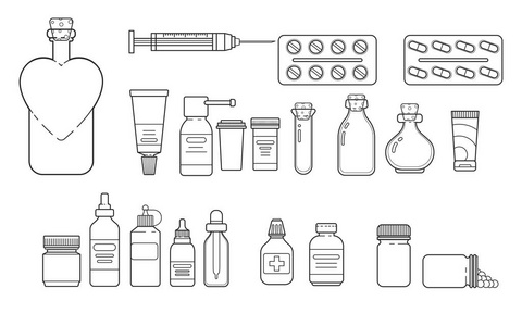 设置线路图标，不同的医疗管，瓶子，喷雾和桶与药丸和软膏