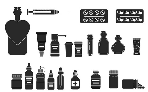 设置剪影图标不同的医疗管，瓶子，喷雾和帆与药丸和软膏