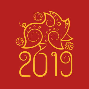 中国新年猪2019年红色背景黄金线。 中国传统生肖艺术设计