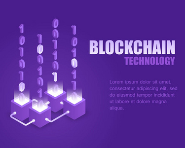 概念区块链技术。 矢量插图等距亮块和数字数字代码。 登陆页面在线区块链存储