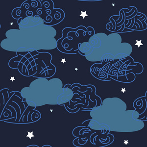 夜空中的星空，手工绘制的云彩。 矢量无缝图案