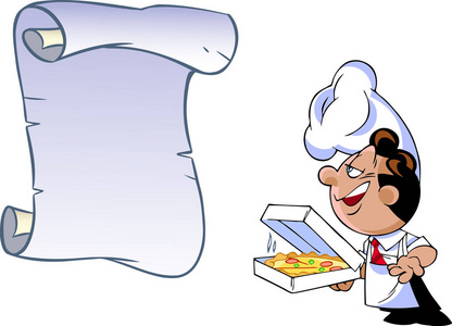 一位卖披萨的可爱卡通厨师的矢量插图。 菜单文本块有一个位置。
