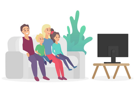 愉快的家庭看电视坐在沙发沙发上在家里平向量例证