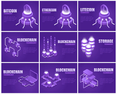 设置概念区块链技术。 矢量图等距加密货币和数字货币。 登陆页面在线区块链存储