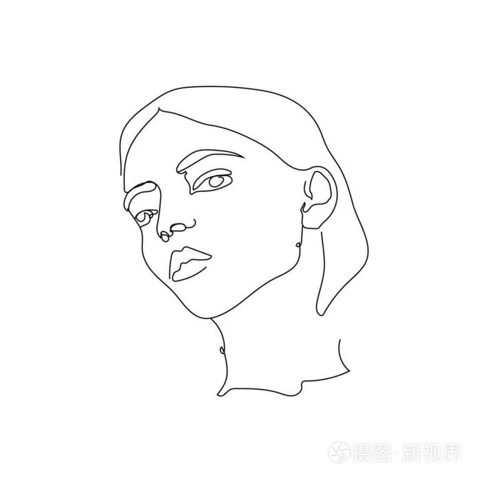抽象素描单线极简主义 白色背景上孤立的女人的肖像 时尚复古.