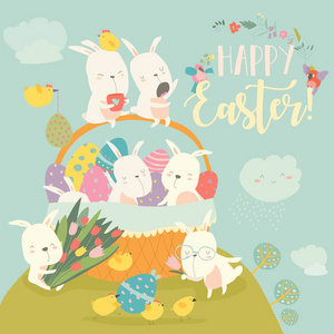 可爱的复活节兔子和复活节彩蛋节日快乐
