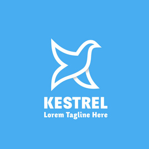 kestrel 抽象矢量符号标志或徽标模板。鸟作为字母 k 符号。带有排版的线条样式剪影