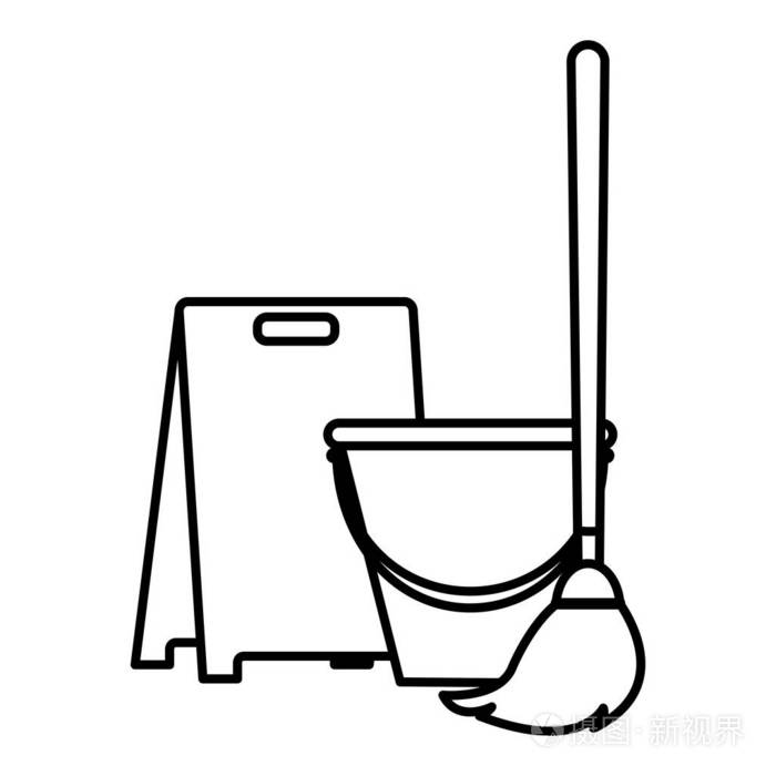 线拖把小心碰到地板和桶的物体矢量图