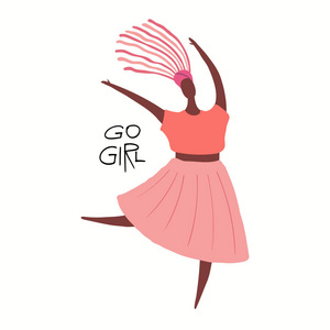 手工绘制的矢量插图，一个快乐的女人跳舞与引用围棋女孩矢量插图概念的女权主义和妇女日
