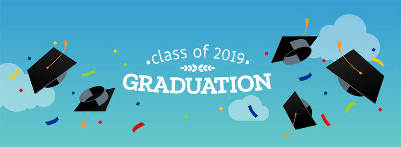 黑色毕业帽和纸屑在天空上。 矢量图。 祝贺毕业生2019届毕业典礼。背景横幅邀请卡和问候。