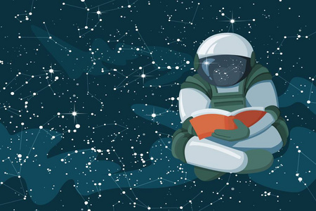 浮动航天员在开放的空间里看书, 海报的概念