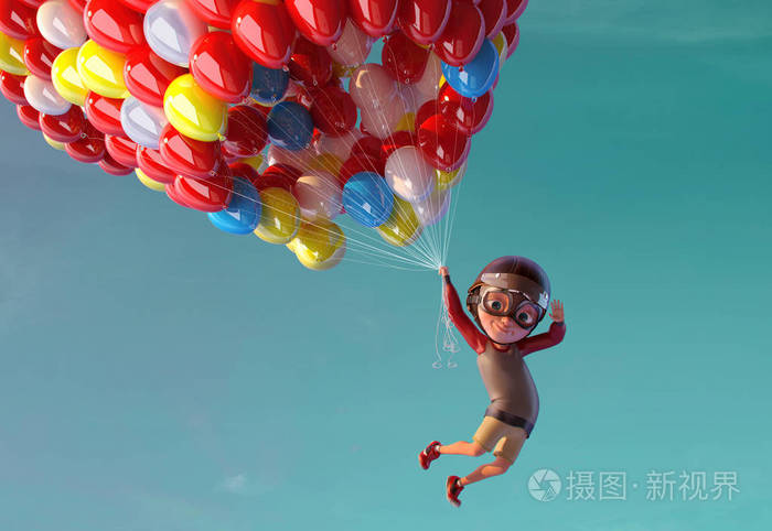 快乐的孩子男孩有乐趣飞起来与气球.