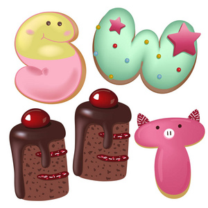 混合颜色甜甜圈甜蜜的徽章, 顶视图, 面包店目前, 生日快乐的概念