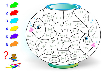 教育页面，为儿童提供关于加减法的练习。 需要解决例子，并用相关的颜色绘制图片。 培养计数技能。 矢量图像。