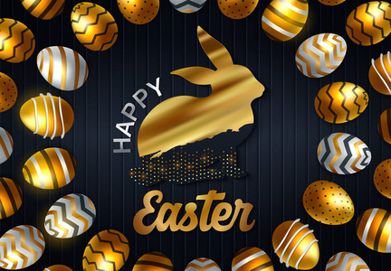 复活节快乐豪华横幅背景模板与美丽的现实金蛋。贺卡。矢量图示