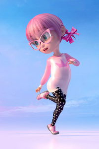 一个可爱的卡通女孩在儿童游乐场玩耍的插图。有趣的卡通孩子的性格, 一个小可爱的女孩与眼镜和粉红色的动漫头发。3d 渲染