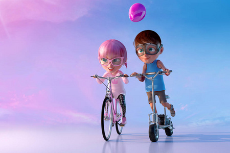 小朋友们一起玩玩。可爱的欢快的微笑的卡通女孩骑自行车和男孩骑在滑板车。快乐的童年和友谊的概念。3d 渲染