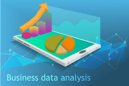 数据分析移动应用程序，等距三维设计，图形和箭头点，智能手机上的商业营销技术，图表信息图形概念，矢量艺术和插图。
