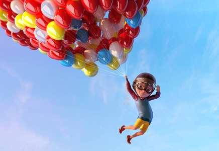 快乐的孩子男孩有乐趣飞起来与气球。有趣的孩子卡通人物的小男孩与老式飞行员眼镜和头盔。自由和快乐的童年概念。3d 渲染