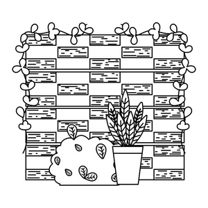 线墙砖与灌木叶，植物内花盆矢量插图