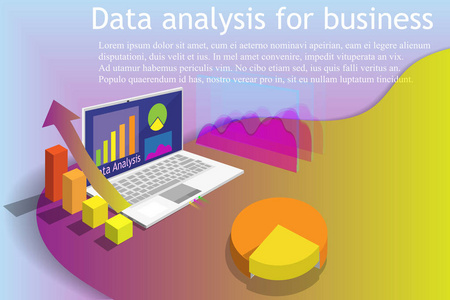 数据分析业务计算机三维设计数字技术概念信息图形图表管理网或移动营销报告矢量艺术和插图。